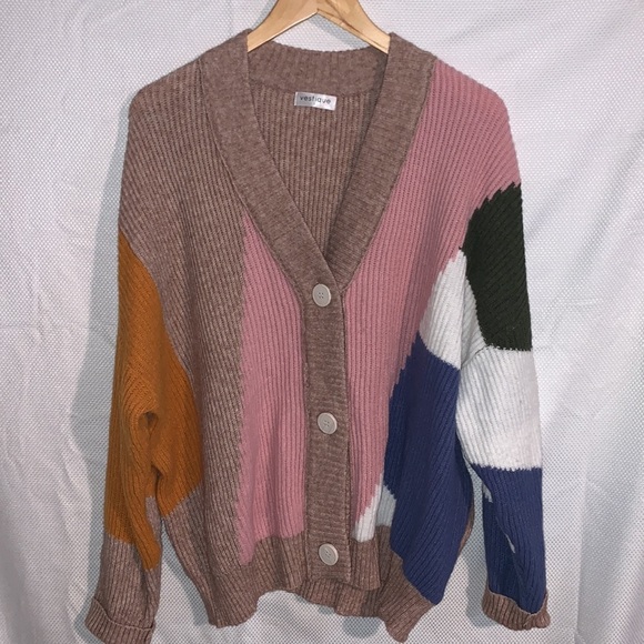 Color Block Button Front Oversized Knit Chunky Sweater Cardigan Slouchy Jacket - Picture 6 of 8